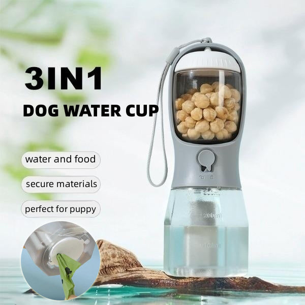 Gocrisandy dog water cup and food dispenser with attached garbage bag, portable multi-functional pet supplies for outdoor use