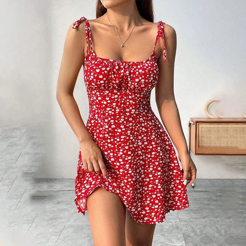 GoCrissAndy floral print summer A-line dress with waist trimming, casual slim-fitting women's dress, perfect for warm weather.