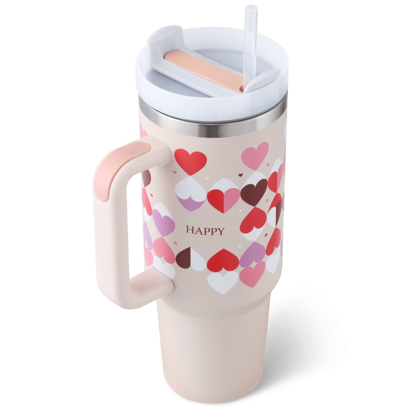 GoCrisaNdy 40 oz insulated stainless steel tumbler with handle, straw, spill-proof lid, ideal for coffee, travel, gym, and office.