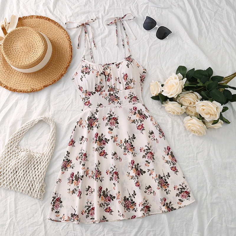 Gocrisandy floral print summer A-line dress with waist trimming, casual slim-fitting women's dress perfect for warm weather.