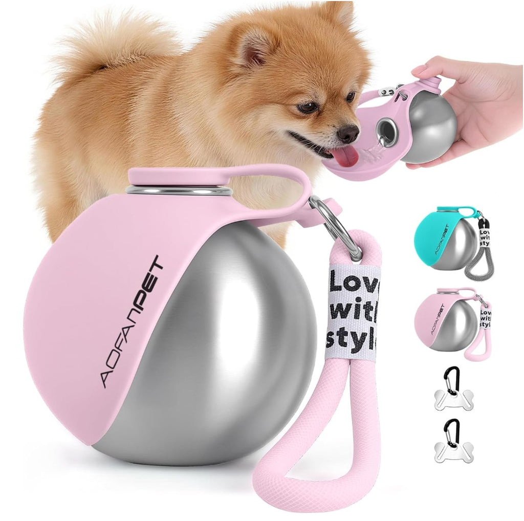 Creative portable outdoor stainless steel pet water cup with a small dog water bottle and drink dispenser for travel and outdoor use.
