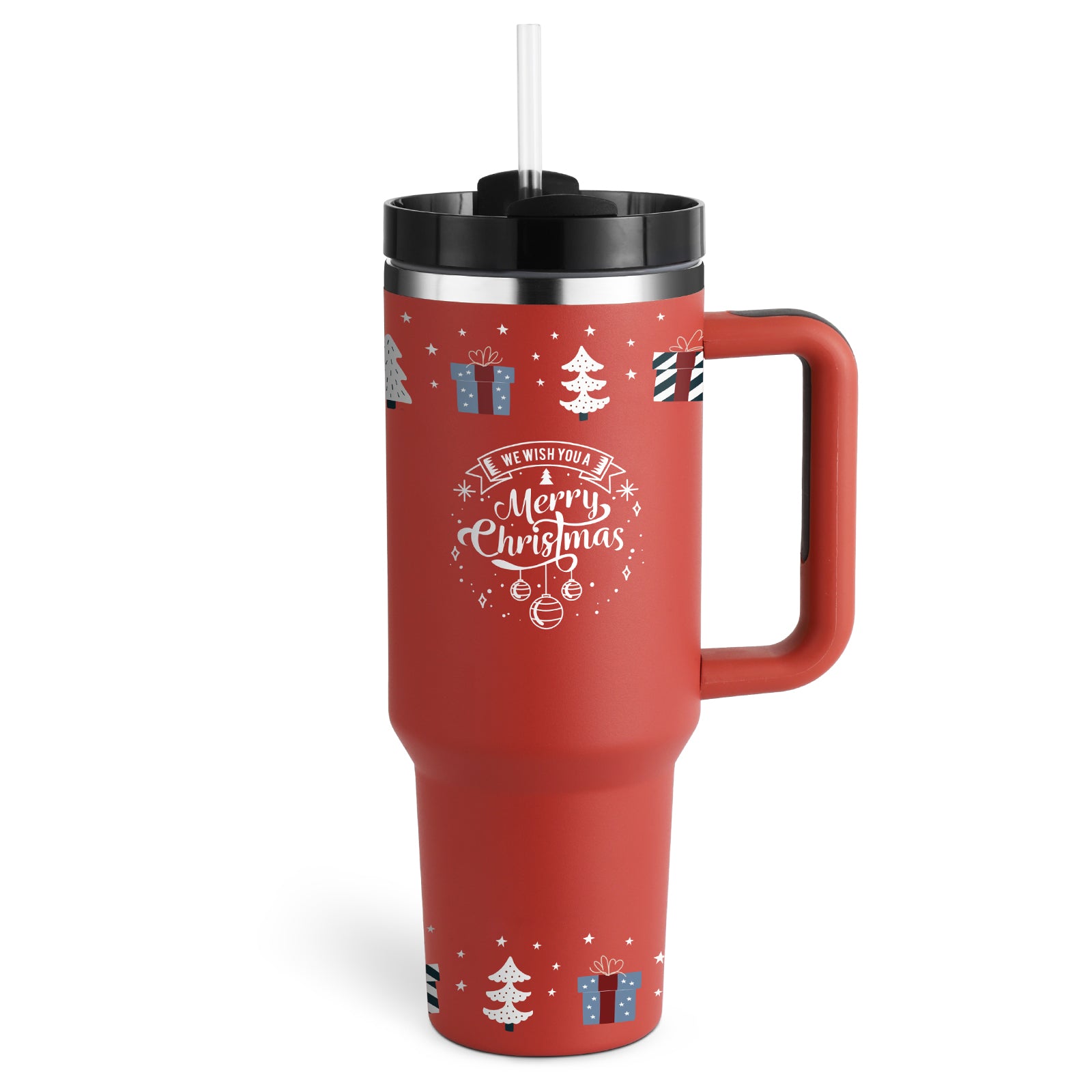 Gocrisandy 40 oz insulated stainless steel tumbler with handle, straw, spill-proof lid, tapered design, suitable for travel and gifts.