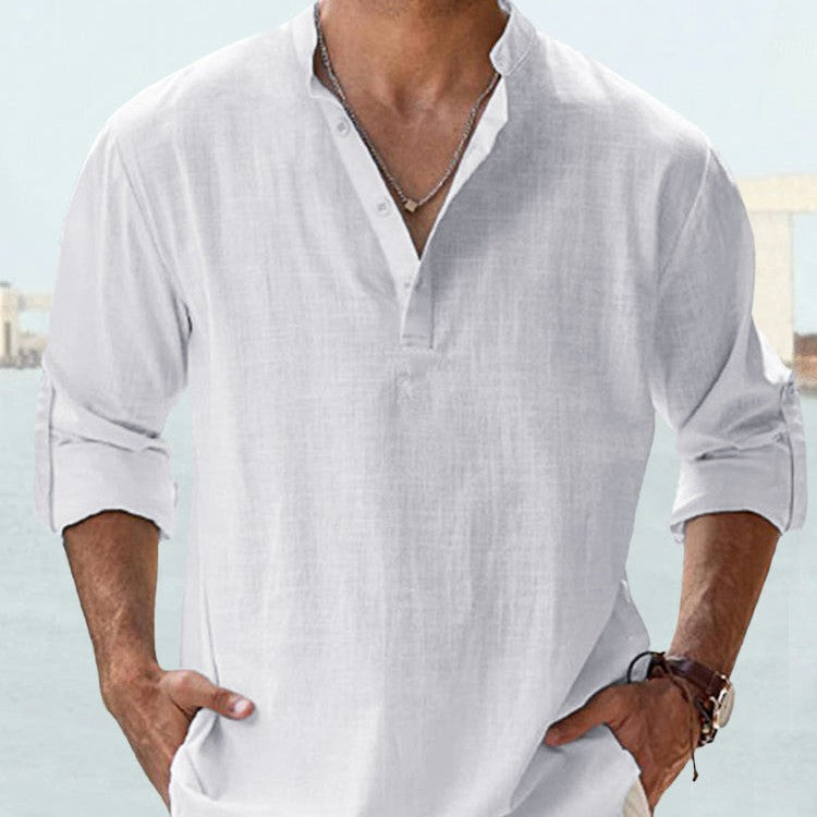 Men's casual cotton linen blouse shirt with long sleeves, loose fit, ideal for spring and autumn, stylish and comfortable from gocrisandy.