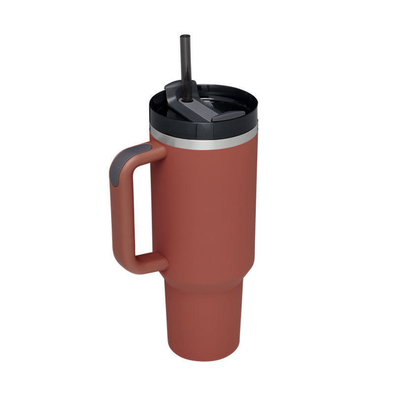 GoCrisaNdy 40 oz insulated stainless steel tumbler with handle, straw, spill-proof lid, tapered design for coffee, travel, or gym use.
