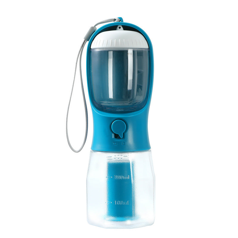 Compact gocrisandy dog water cup and food dispenser with garbage bag holder, portable and multi-functional for pet travel.