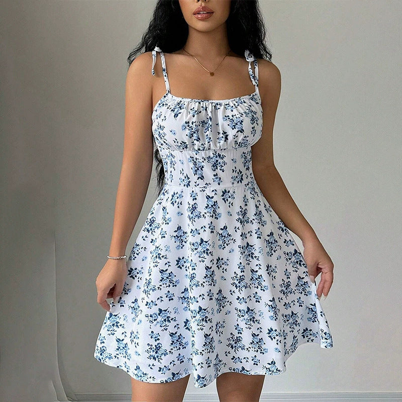 Gocrisandy floral print summer A-line dress with waist trimming, casual slim-fitting dress for women, featuring a vibrant floral pattern.