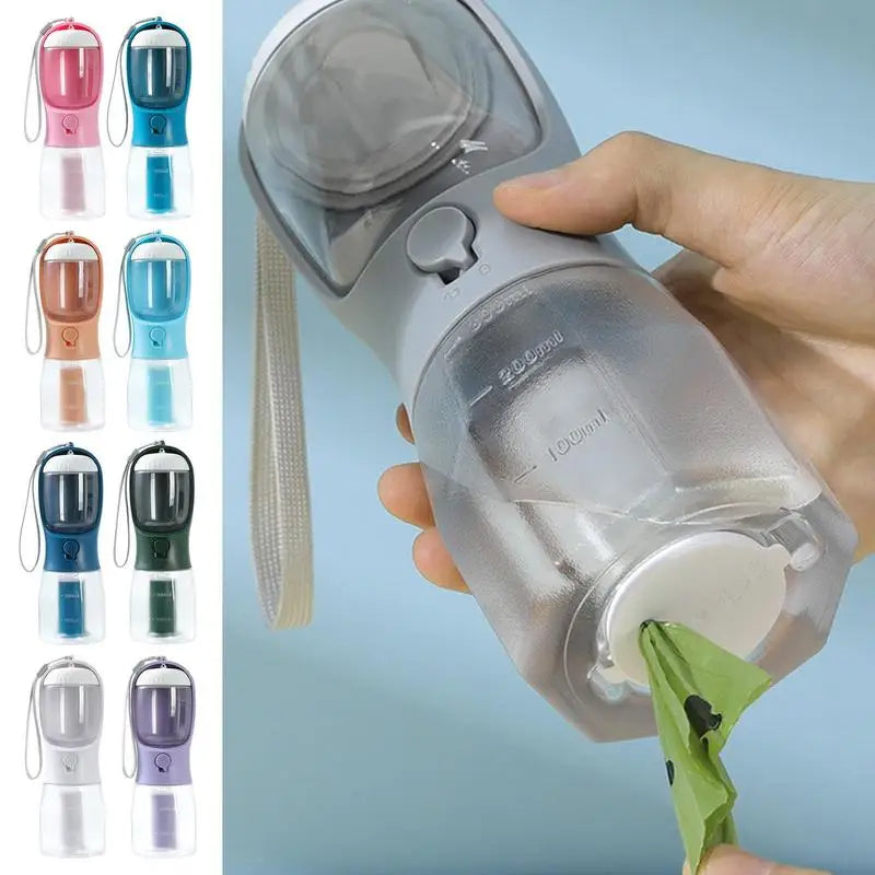 gocrisandy dog water cup with built-in food and garbage bag, portable multi-functional pet drinking and feeding accessory
