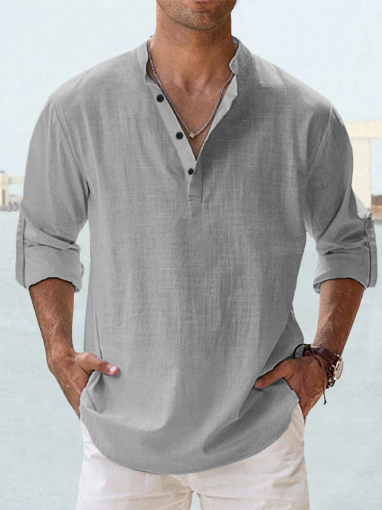 Gocrisandy men's casual cotton linen blouse shirt with long sleeves, loose fit, suitable for spring and autumn.