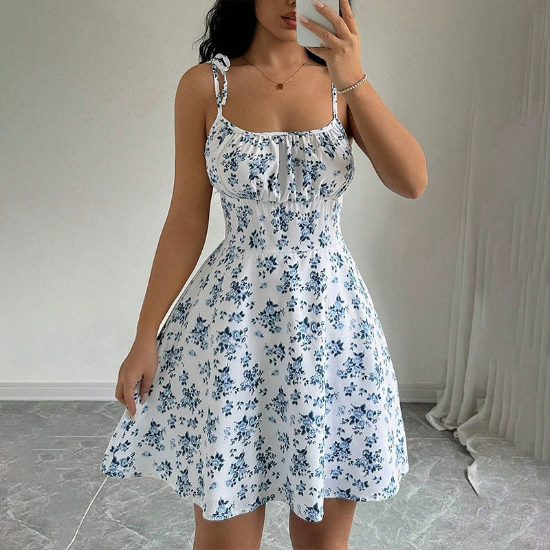 GoCRisandy floral print summer A-line dress with waist trimming, featuring a casual, slim-fitting design for women.