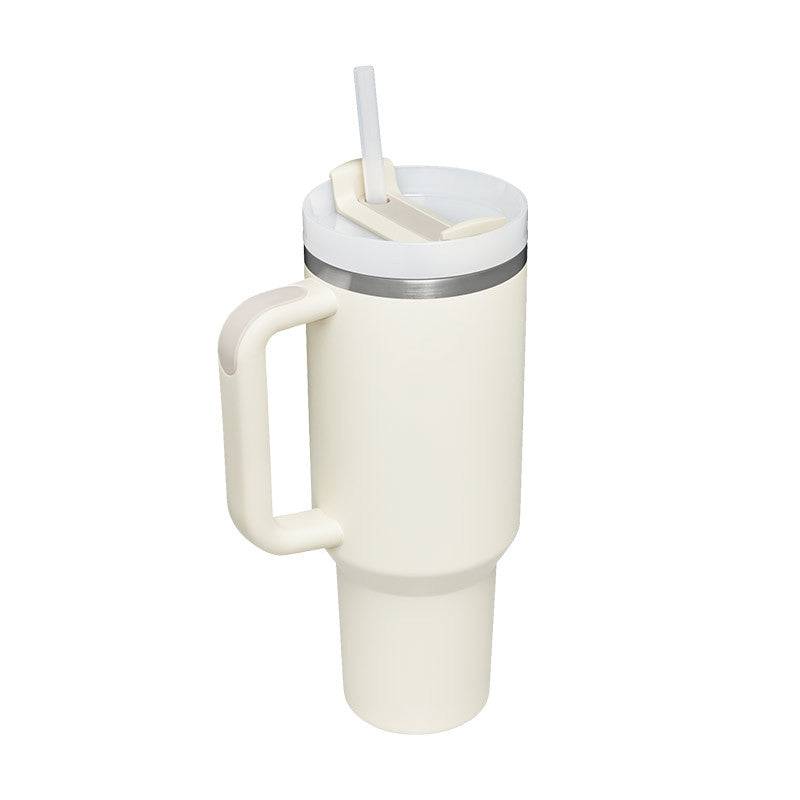 GoCrisaNDy 40 oz stainless steel insulated tumbler with handle, straw, spill-proof lid, tapered design, ideal for coffee, travel, and gifts.