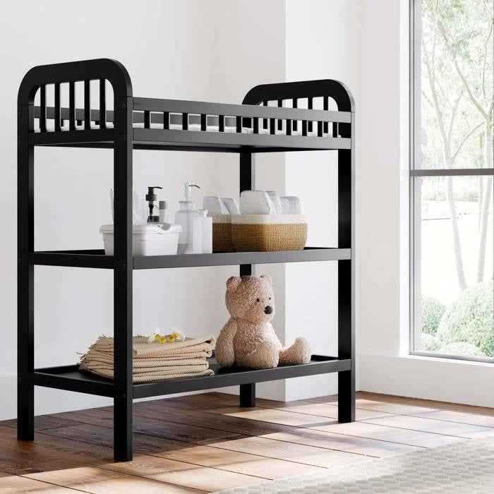 Baby Changing Table in Black Wood Finish with Safety Rail and Changing Pad