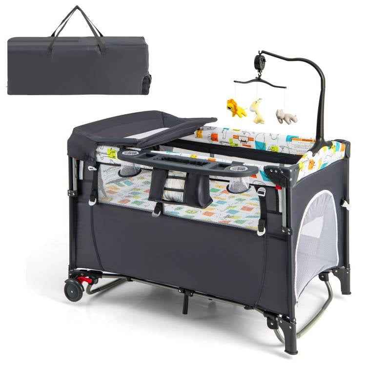 Grey Foldable Baby/Toddler Playpen Bassinet Bed Crib Music Box