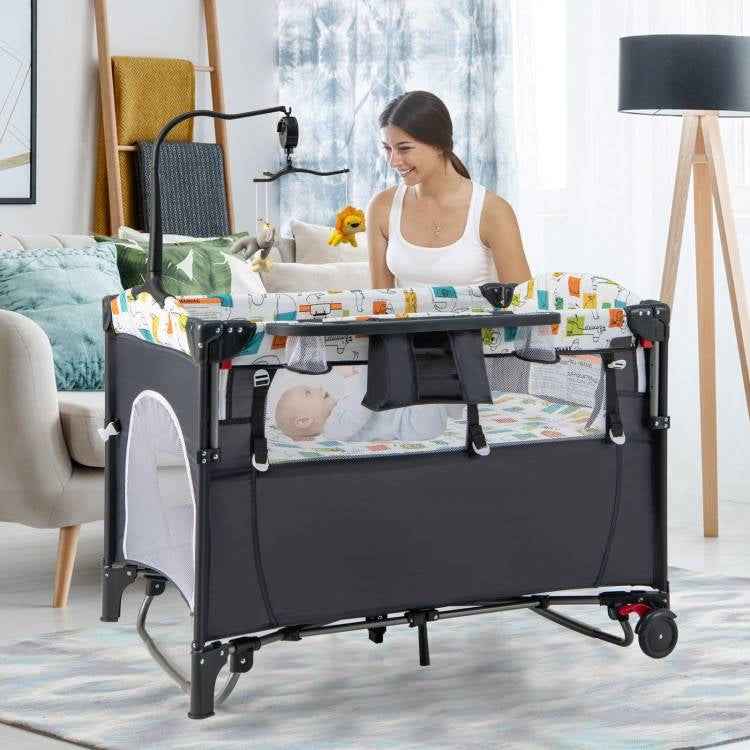 Grey Foldable Baby/Toddler Playpen Bassinet Bed Crib Music Box