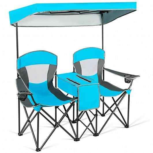 Portable Folding Camping Canopy Chairs with Cup Holder-Blue