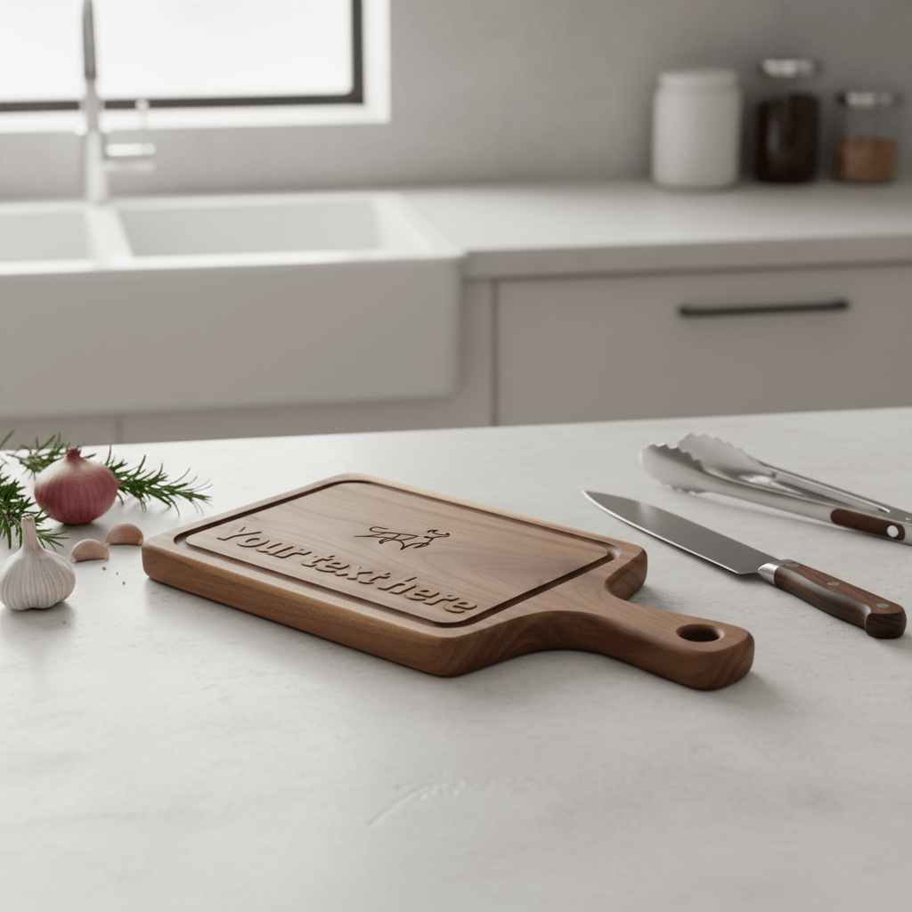 Walnut Cutting Board Paddle Shape 13×12×7 | Handmade Wooden Serving Board with Drip Ring | Premium Kitchen Board