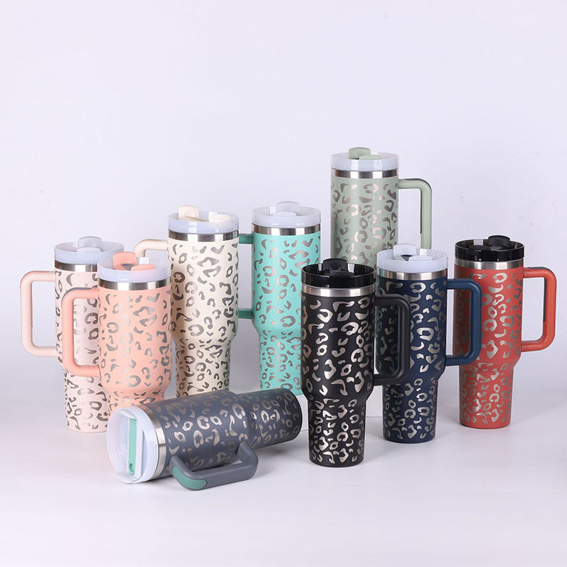Gocrisandy 40 oz insulated stainless steel tumbler with handle, straw, spill-proof lid, tapered design, ideal for coffee and travel.