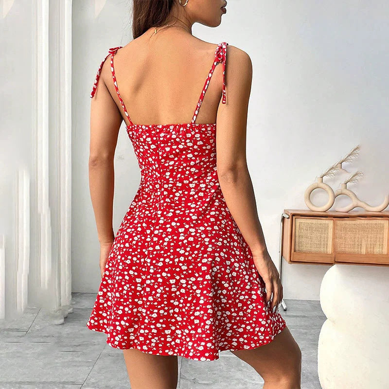 Gocrisandy floral print summer A-line dress with waist trimming, casual slim fit for women, perfect for warm weather.