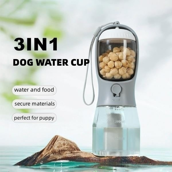 Gocrisandy dog water cup with built-in food and garbage bag holder, portable pet drinking and feeding cup for small dogs.