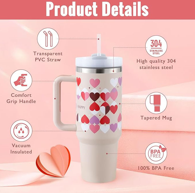 Gocrisandy 40 Oz insulated stainless steel tumbler with handle, straw, spill-proof lid, ideal for coffee, travel, gym, and office.